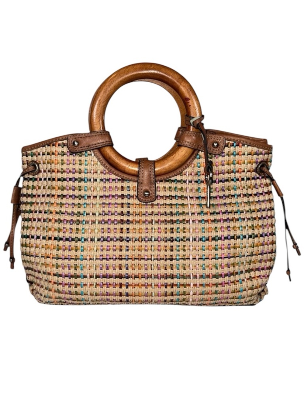 Fossil Boho Woven Raffia Wooden Ring Handle Straw Satchel Leather Trim Crossbody